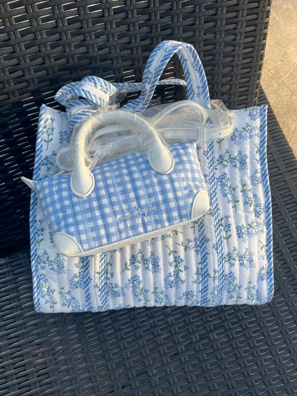 Nanette Lepore Light Blue Floral Quilted Tote with Gingham Bear Charm - Picture 6 of 9